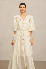 Wika V-Neck Elbow Sleeves Folds Beige Maxi Dress
